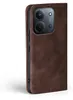 A close-up side view of a brown leather flip phone case for a Xiaomi Redmi 15C. Produktbild-Vorschau
