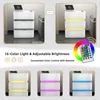 A collage of images showcasing a white nightstand with LED lighting, its features, and a remote control. Náhľad obrázku produktu