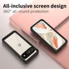 Two phone cases are displayed on a light pink surface, with text overlay describing features. Produktbild-Vorschau