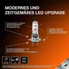 A marketing image for an LED headlight bulb, showcasing its features and benefits. Produktbild-Vorschau