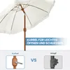 A split image showing a close-up of a white umbrella with fringe and a comparison of two different umbrella opening mechanisms: a crank and a knob. Produktbild-Vorschau