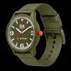 A close-up studio shot of a green Ice-Watch solar-powered analog watch with a green fabric strap, set against a black background. Voir les images du produit