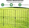 A black metal garden fence is shown in a grassy outdoor setting, with marketing text and icons at the top. Náhľad obrázku produktu
