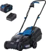 A cordless lawnmower with two batteries and a charger, displayed against a white background. Podgląd zdjęcia produktu