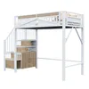 A white metal loft bed with integrated stairs and storage units. Náhled obrázku produktu