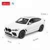 A white Rastar BMW X6 M RC car is shown from a three-quarter angle on a white background with dimensions indicated. Podgląd zdjęcia produktu