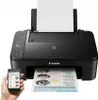 A black Canon printer is shown with a sheet of paper being printed, and a smartphone is held in the foreground displaying information. Produktbild-Vorschau