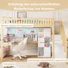 A loft bed with a desk and storage unit, featuring dimensions and labels. Podgląd zdjęcia produktu