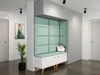 A modern entryway with a built-in bench and upholstered wall panels. Náhľad obrázku produktu