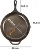 A top-down view of a cast iron frying pan with dimensions indicated by overlaid text and lines. Produktbild-Vorschau