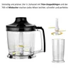A blender jug with its attachments and a measuring cup, presented against a white background with descriptive text. Voir les images du produit
