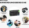 Collage of images showing different applications for black nitrile gloves, with a central image of the product packaging. Produktbild-Vorschau