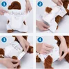 A collage of four images showing the steps to put a diaper on a dog. Produktbild-Vorschau