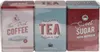 Three rectangular metal tins for coffee, tea, and sugar, with vintage-style labels. Produktbild-Vorschau