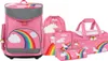 A collection of children's school bags and accessories with a unicorn and rainbow theme. Produktbild-Vorschau