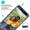 A phone screen displaying a couple, with marketing text and arrows indicating features. Produktbild-Vorschau