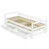 A white wooden daybed with two drawers underneath and a slatted base, shown from a side-angle against a white background. Produktbild-Vorschau
