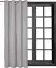 A light gray curtain is shown hanging on the left side of a dark-framed window with multiple panes. Produktbild-Vorschau