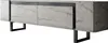 A modern TV stand with a travertine-like finish and black metal legs, presented against a white background. Produktbild-Vorschau