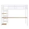 A white metal loft bed with a wooden desk and shelves, shown against a white background. Náhled obrázku produktu