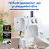 A white sewing machine is shown with fabric and thread, set against a soft, blurred background. Text overlays highlight its features. Produktbild-Vorschau
