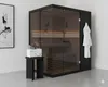 A modern sauna room with a glass-enclosed sauna, a robe hanging on the side, and a small table with a device next to it. Produktbild-Vorschau