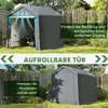 A garden shed with text overlays highlighting its features. Produktbild-Vorschau