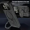 A black phone case with a ring stand is shown in a promotional image, highlighting its features. Produktbild-Vorschau