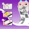 An instructional graphic showing how to load paper into a pink cat-shaped instant camera, with a printed paper roll coming out of the camera. Anteprima dell’immagine prodotto