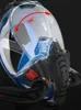 Close-up of a black and blue full-face snorkel mask with a red arrow indicating 180-degree visibility. Podgląd zdjęcia produktu