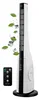 A white and black tower fan with a remote control next to it. Green leaves and ice cubes are floating around the fan. Voir les images du produit