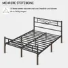 A diagram of a black metal bed frame with text highlighting its support legs and weight capacity. Produktbild-Vorschau