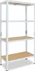 A white metal shelving unit with four wooden shelves against a white background. Anteprima dell’immagine prodotto