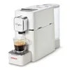 A white espresso machine is shown with a cup of coffee being dispensed. Produktbild-Vorschau