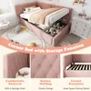 A pink corner bed with storage is shown in a bedroom setting, with close-up shots highlighting its features. Produktbild-Vorschau