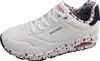 A single white Skechers sneaker with a red, white, and blue star pattern on the sole and lining, shown from a side-diagonal view. Voir les images du produit