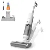 A white and gray wet and dry vacuum cleaner with its accessories, including a charging base and a bottle of cleaning solution, displayed against a white background. Produktbild-Vorschau