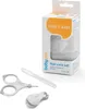 A baby nail care set with scissors, nail file, and nail clippers, displayed next to its packaging. Produktbild-Vorschau