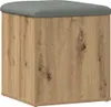 A cube-shaped ottoman with a gray upholstered top and a wood-grain patterned body. Anteprima dell’immagine prodotto