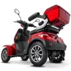 A red electric scooter with a storage box on the back, shown from a rear-diagonal angle against a white background. Produktbild-Vorschau