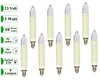 A set of nine candle-shaped light bulbs with cream-colored bases and clear glass tops, arranged in rows against a white background. To the left, a series of green rectangles contain text and icons indicating product specifications. Produktbild-Vorschau
