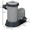 A gray and dark gray water filter pump for a swimming pool, with dimensions indicated by white text and arrows. Produktbild-Vorschau