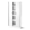 A white metal filing cabinet with roller shutter doors, one of which is partially open to reveal shelves and a lock. Podgląd zdjęcia produktu