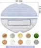Product image showing mop cloths for a robot vacuum cleaner, with close-ups of different floor types and stains it can clean. Produktbild-Vorschau