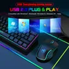A gaming keyboard and mouse with RGB lighting, displaying Windows operating system logos. Produktbild-Vorschau