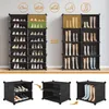 A collage of images showing different configurations and contents of a modular shoe rack. Produktbild-Vorschau