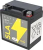 A black battery with a yellow lightning bolt graphic and product information on its label, shown at a slight diagonal. Voir les images du produit