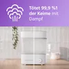 A split image showing a Philips Avent baby bottle sterilizer and dryer. The top section has a purple background with text and a steam icon. The bottom section shows the product in use, with one side depicting steam and bubbles, and the other side showing a Produktbild-Vorschau