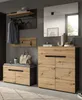 A modern entryway set with a bench, cabinet, and coat rack. Produktbild-Vorschau