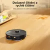 A black robot vacuum cleaner is shown on a wooden floor next to a spilled substance, with text overlay describing its cleaning capabilities. Anteprima dell’immagine prodotto